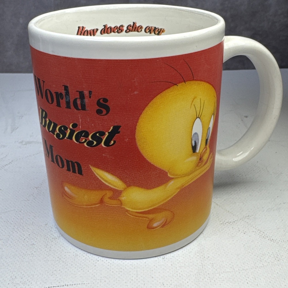 Tweety Bird VTG 2000 "School Design" Worlds Busiest Mom 10 oz Coffee Tea Cup Mug - Picture 5 of 11